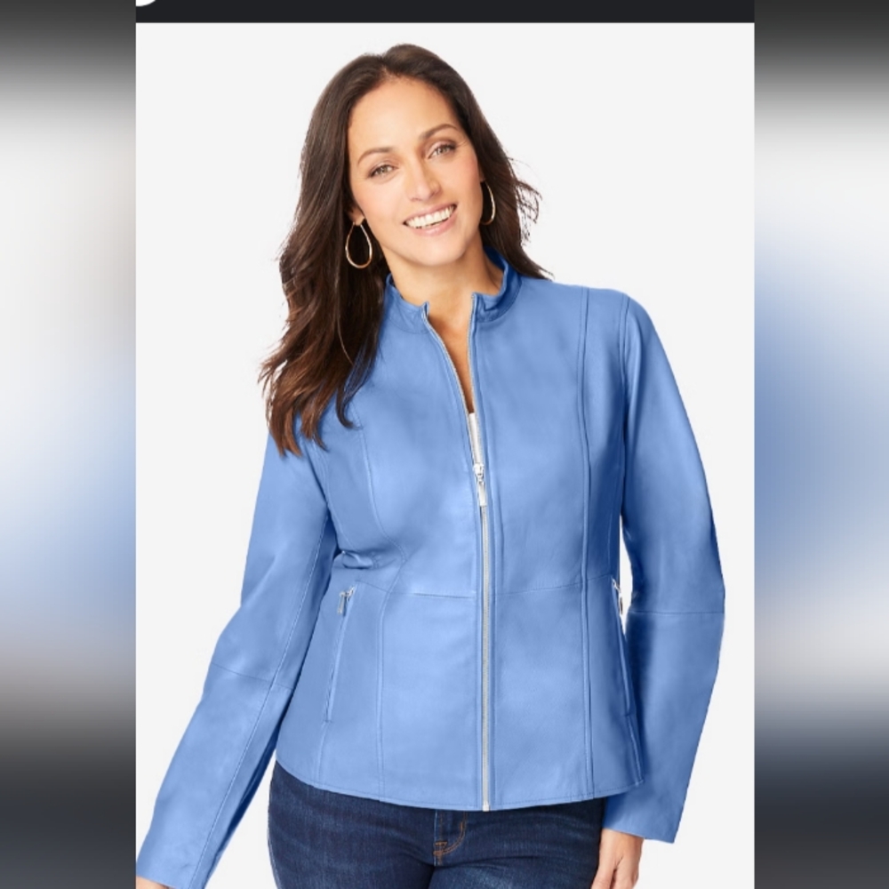 Geneology Women's Jacket 100% soft Genuine Leather Turquoise Blue Zipper Size L.